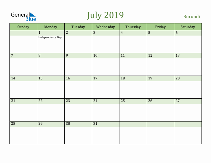 July 2019 Calendar with Burundi Holidays
