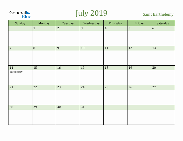 July 2019 Calendar with Saint Barthelemy Holidays