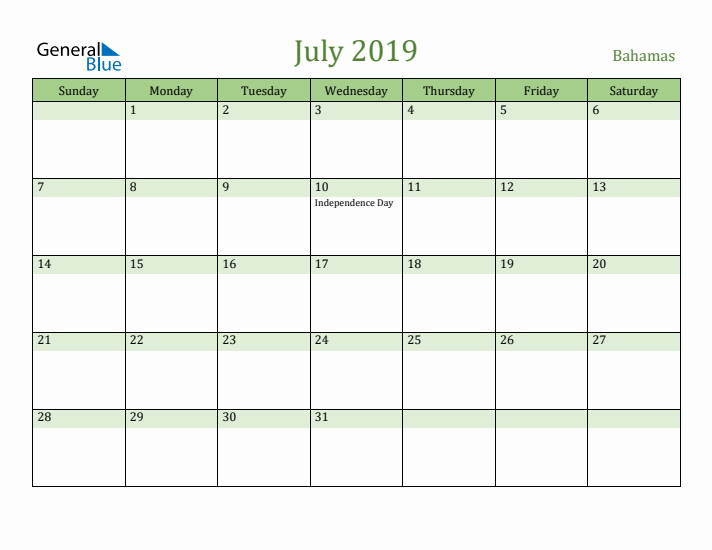 July 2019 Calendar with Bahamas Holidays