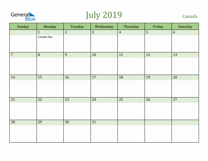 July 2019 Calendar with Canada Holidays