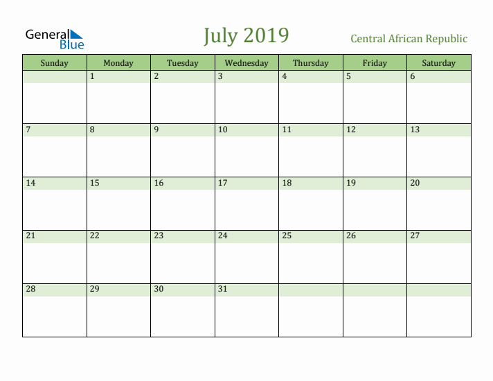 July 2019 Calendar with Central African Republic Holidays