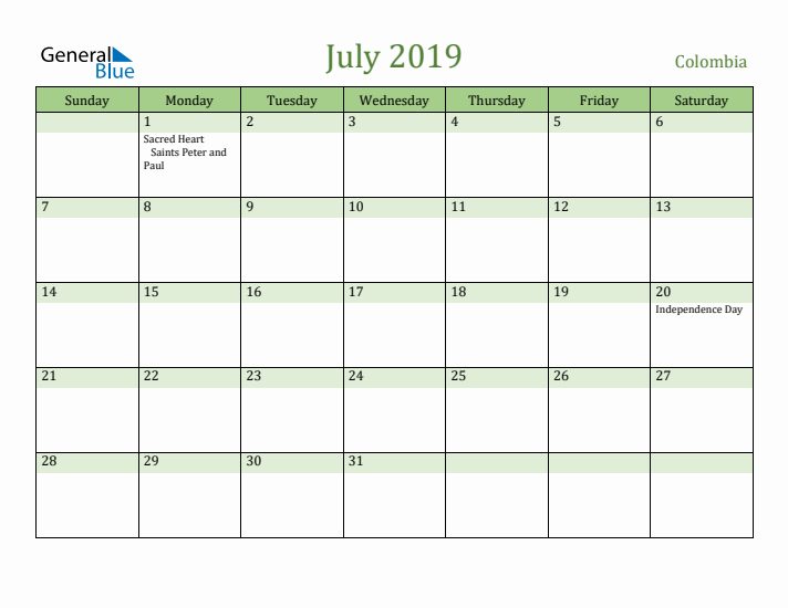 July 2019 Calendar with Colombia Holidays