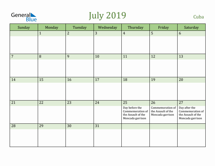July 2019 Calendar with Cuba Holidays