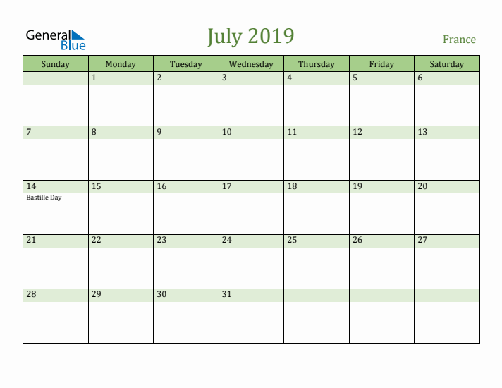 July 2019 Calendar with France Holidays