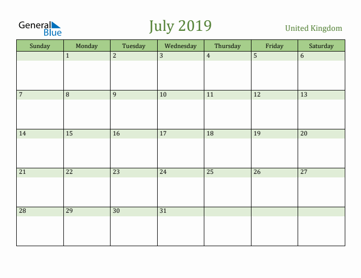 July 2019 Calendar with United Kingdom Holidays