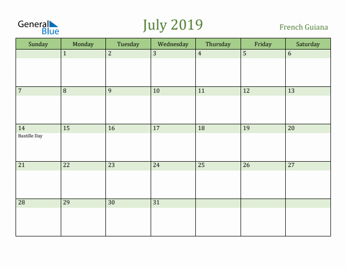 July 2019 Calendar with French Guiana Holidays