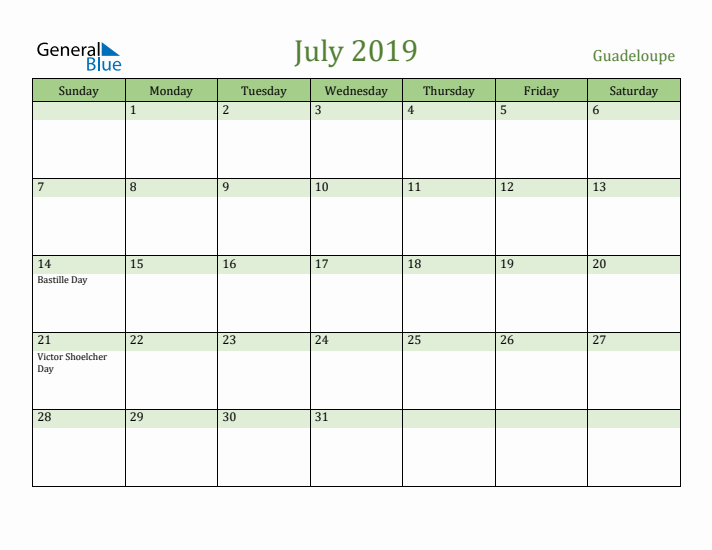 July 2019 Calendar with Guadeloupe Holidays