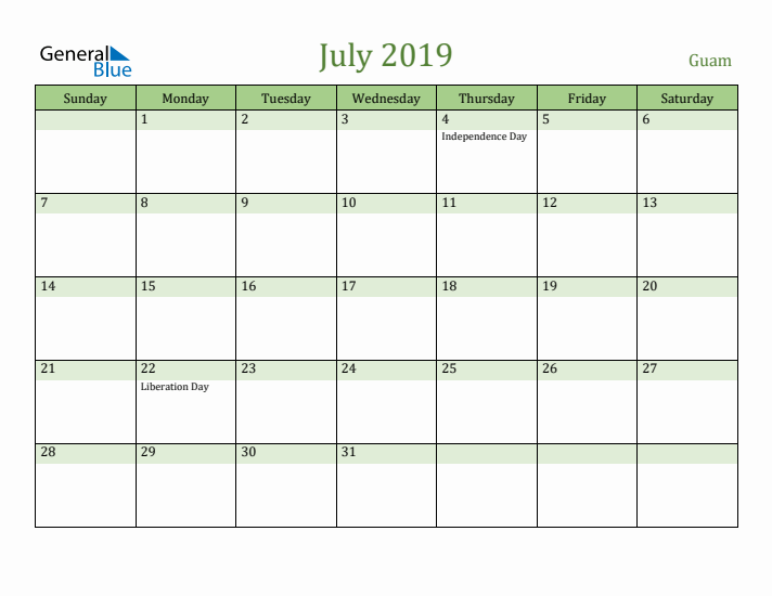 July 2019 Calendar with Guam Holidays