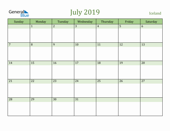 July 2019 Calendar with Iceland Holidays