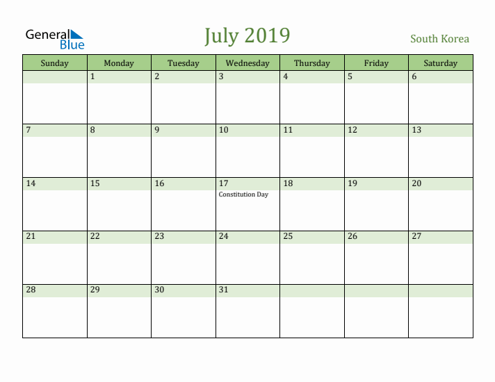 July 2019 Calendar with South Korea Holidays