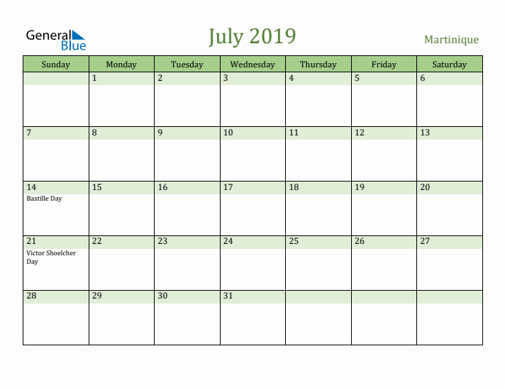 July 2019 Calendar with Martinique Holidays