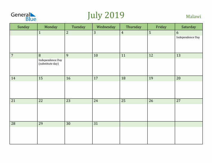 July 2019 Calendar with Malawi Holidays
