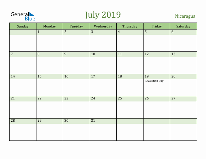 July 2019 Calendar with Nicaragua Holidays