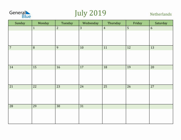 July 2019 Calendar with The Netherlands Holidays