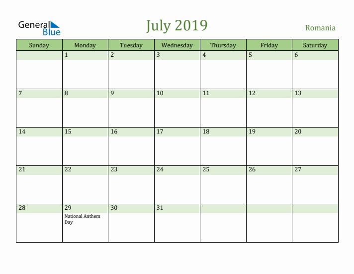 July 2019 Calendar with Romania Holidays