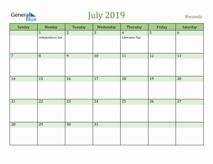 July 2019 Calendar with Rwanda Holidays