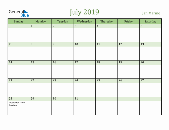July 2019 Calendar with San Marino Holidays