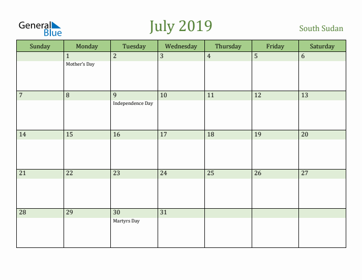 July 2019 Calendar with South Sudan Holidays