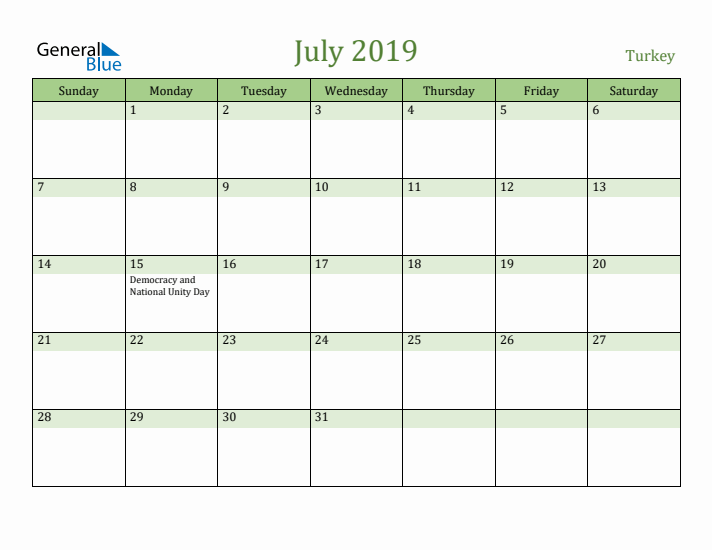 July 2019 Calendar with Turkey Holidays