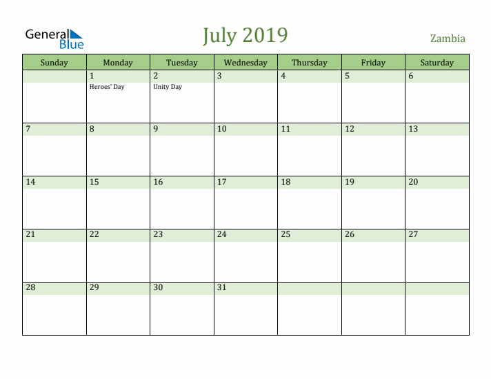 July 2019 Calendar with Zambia Holidays
