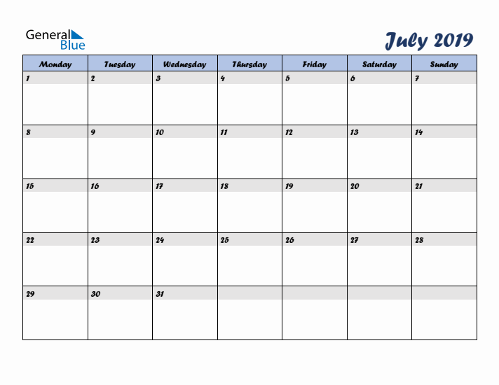 July 2019 Blue Calendar (Monday Start)