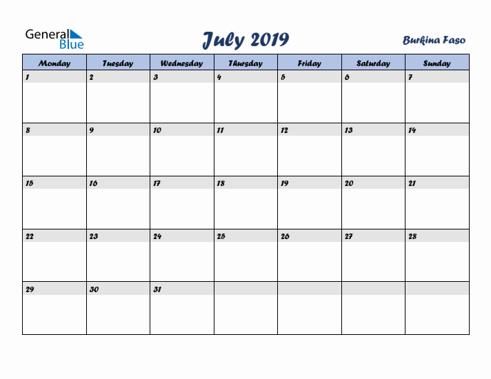 July 2019 Calendar with Holidays in Burkina Faso
