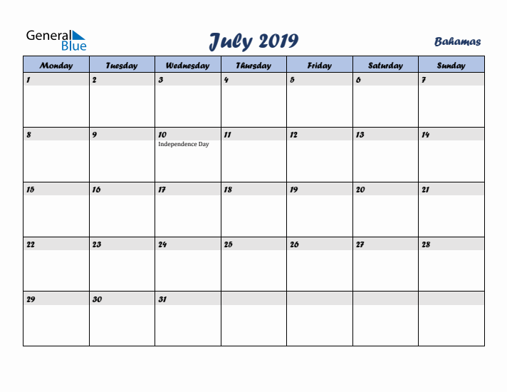 July 2019 Calendar with Holidays in Bahamas