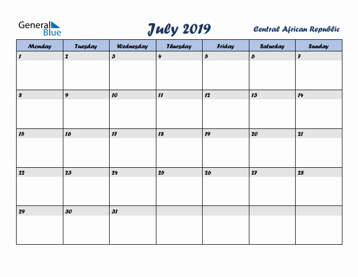 July 2019 Calendar with Holidays in Central African Republic
