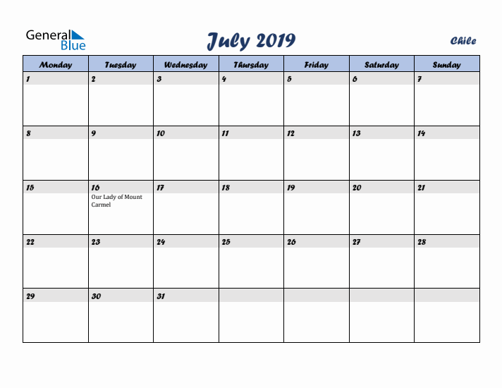 July 2019 Calendar with Holidays in Chile
