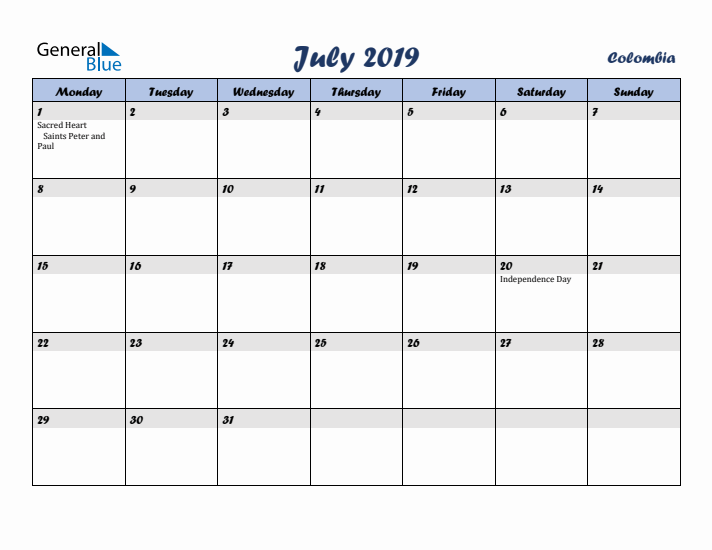 July 2019 Calendar with Holidays in Colombia