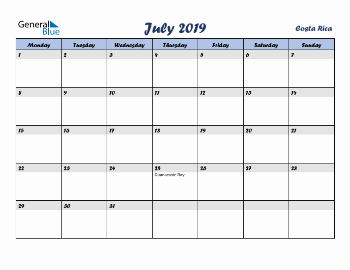 July 2019 Calendar with Holidays in Costa Rica