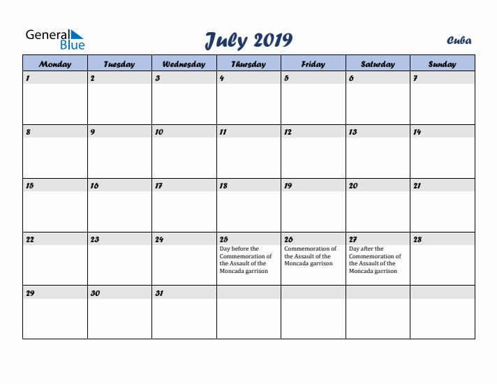 July 2019 Calendar with Holidays in Cuba