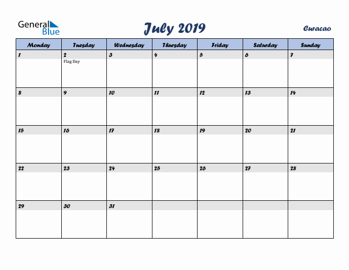 July 2019 Calendar with Holidays in Curacao