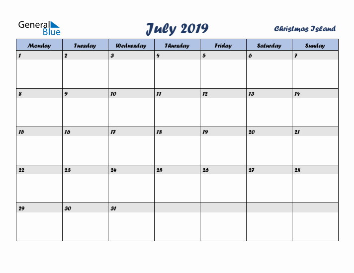 July 2019 Calendar with Holidays in Christmas Island