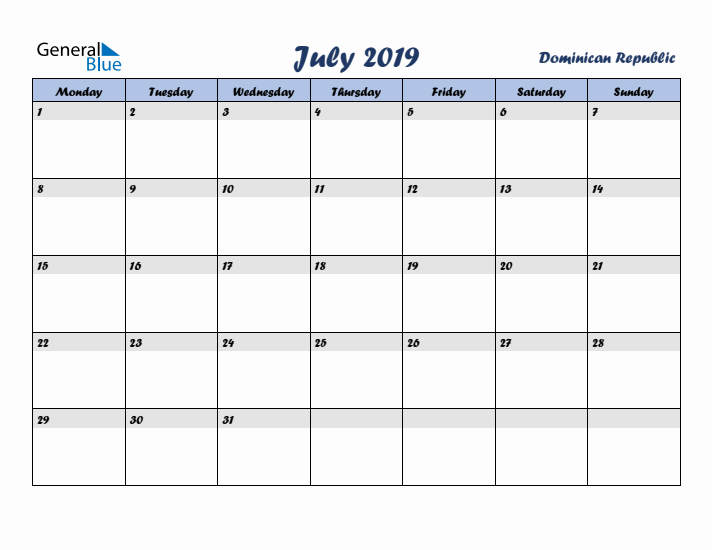 July 2019 Calendar with Holidays in Dominican Republic