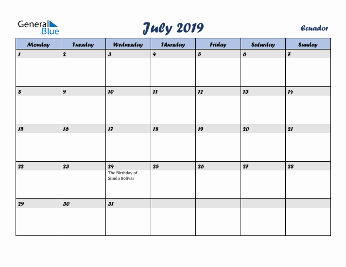 July 2019 Calendar with Holidays in Ecuador