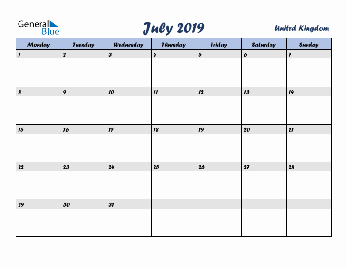 July 2019 Calendar with Holidays in United Kingdom