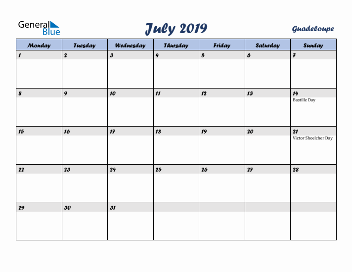 July 2019 Calendar with Holidays in Guadeloupe