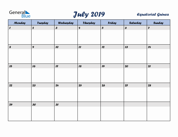 July 2019 Calendar with Holidays in Equatorial Guinea