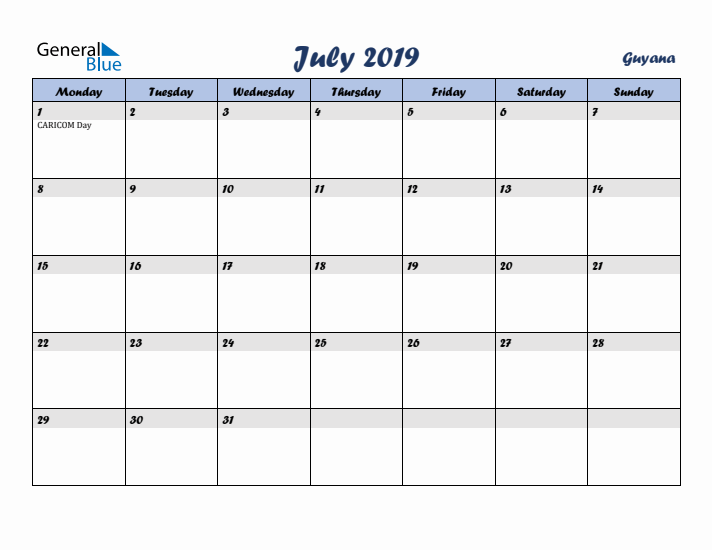July 2019 Calendar with Holidays in Guyana