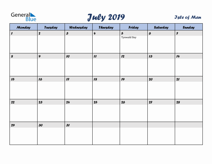 July 2019 Calendar with Holidays in Isle of Man