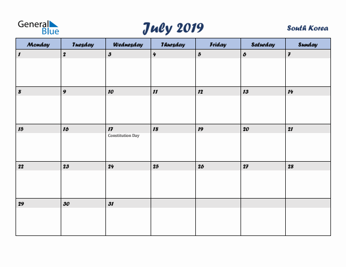 July 2019 Calendar with Holidays in South Korea