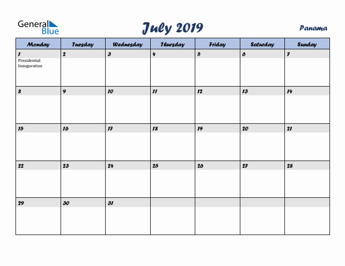 July 2019 Calendar with Holidays in Panama
