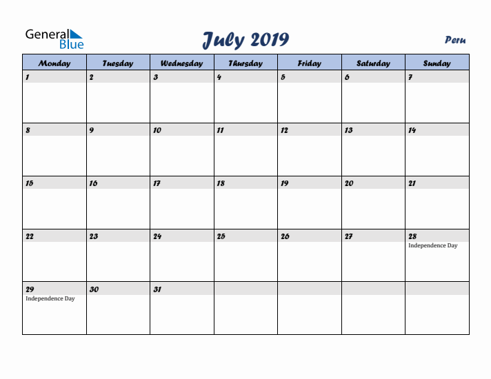 July 2019 Calendar with Holidays in Peru