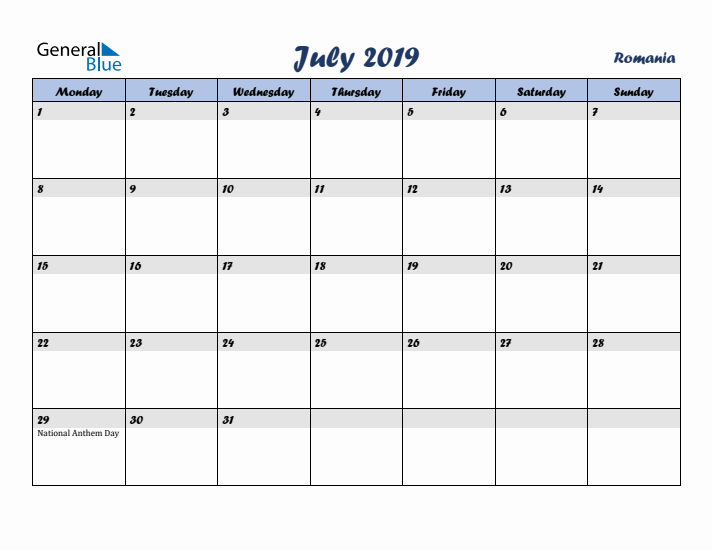 July 2019 Calendar with Holidays in Romania