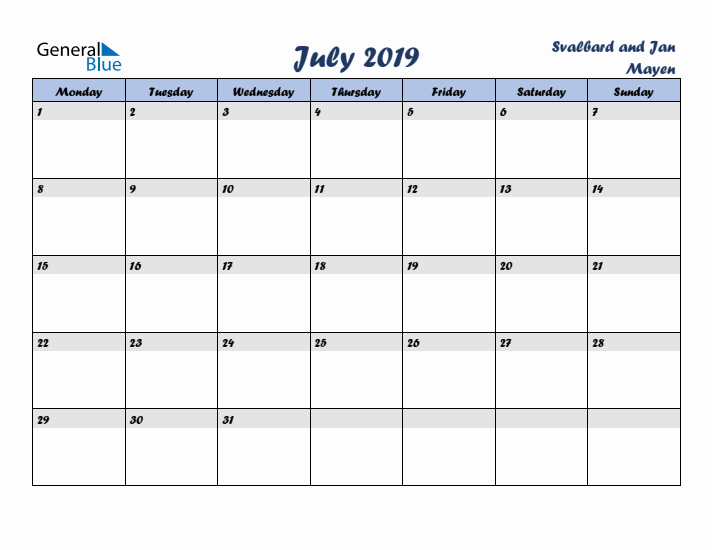July 2019 Calendar with Holidays in Svalbard and Jan Mayen