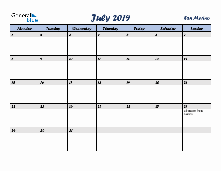July 2019 Calendar with Holidays in San Marino