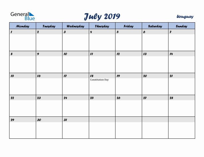 July 2019 Calendar with Holidays in Uruguay