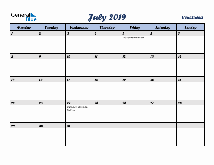 July 2019 Calendar with Holidays in Venezuela