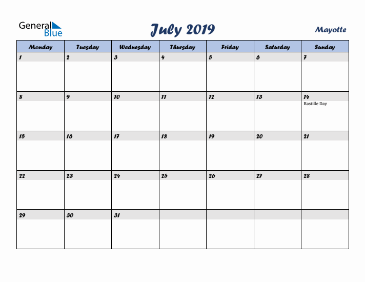 July 2019 Calendar with Holidays in Mayotte